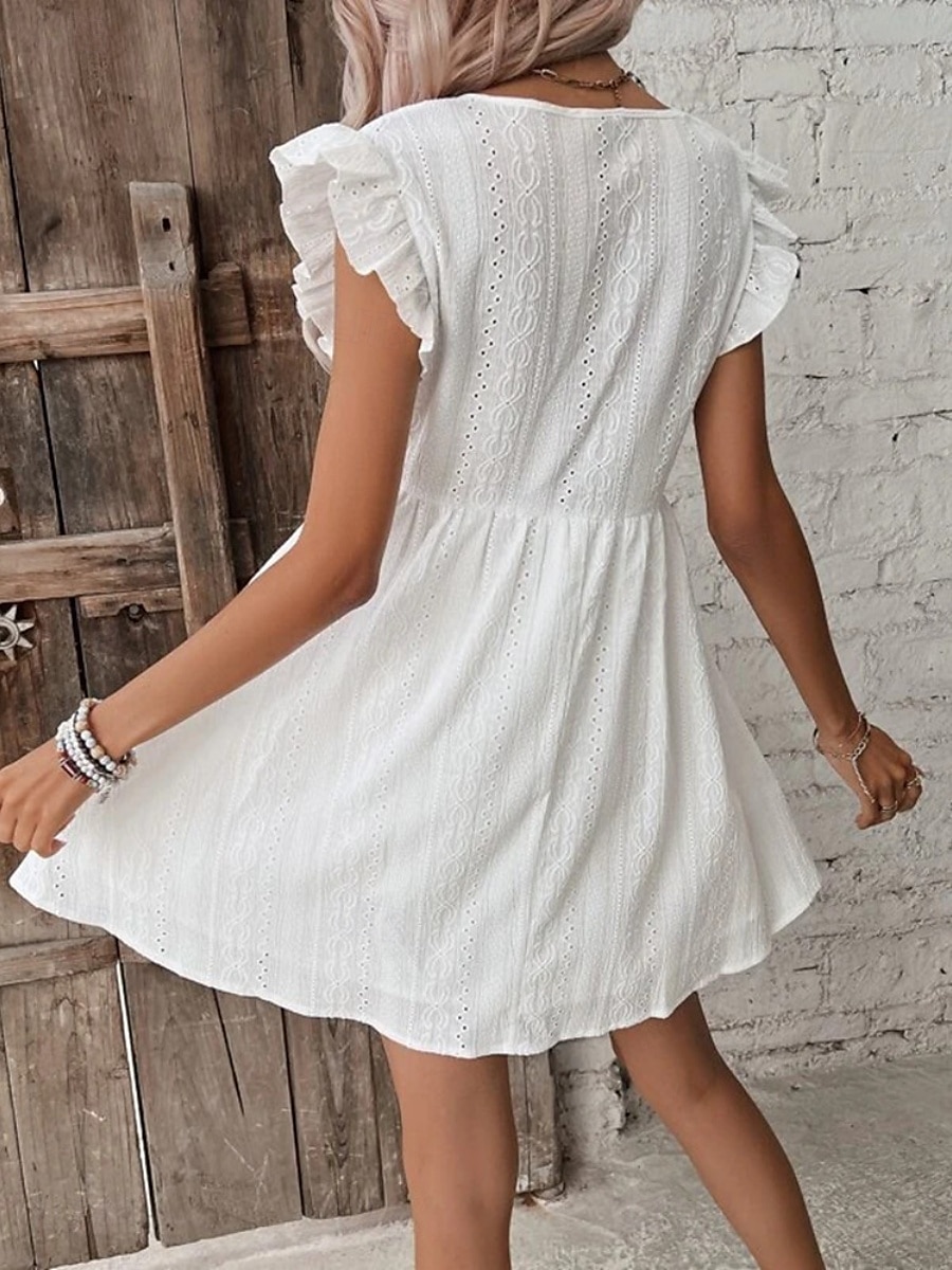 Damen Minikleid Baumwoll-Leinen-Kleider Basic Lässig Urlaub Täglich Normale Passform Einfach Ärmellos V Ausschnitt Weiß Sommer 2025 - $28.99 –P2