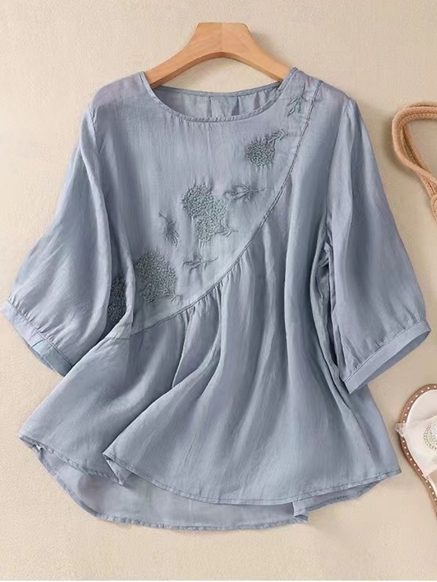 Dame Skjorte Bluse Skjorter i bomullslin Helfarge Grunnleggende Fritid 3/4 ermer Crew-hals Vanlige topper Daglig Broderi Hvit Rosa Blå Kakifarget Sommer Vår 2025 - $21.99 –P1