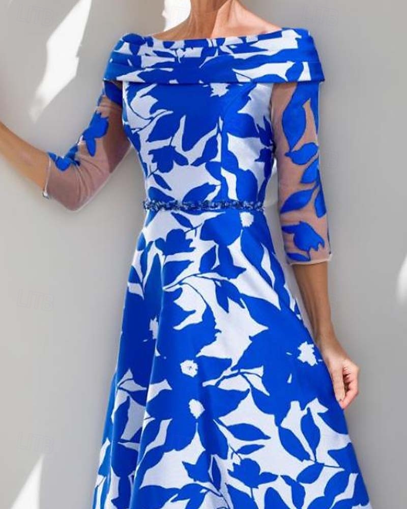 A-linjeformad klänning Brudens mor Klänning Elegant Enkel Båt hals snitt Tea-längd Satin 3/4-lång ärm med blommigt tryck Plisseringar Derbyklänning Raceday Klänning Bröllopsgästklänning 2025 2025 - $189.99 –P2