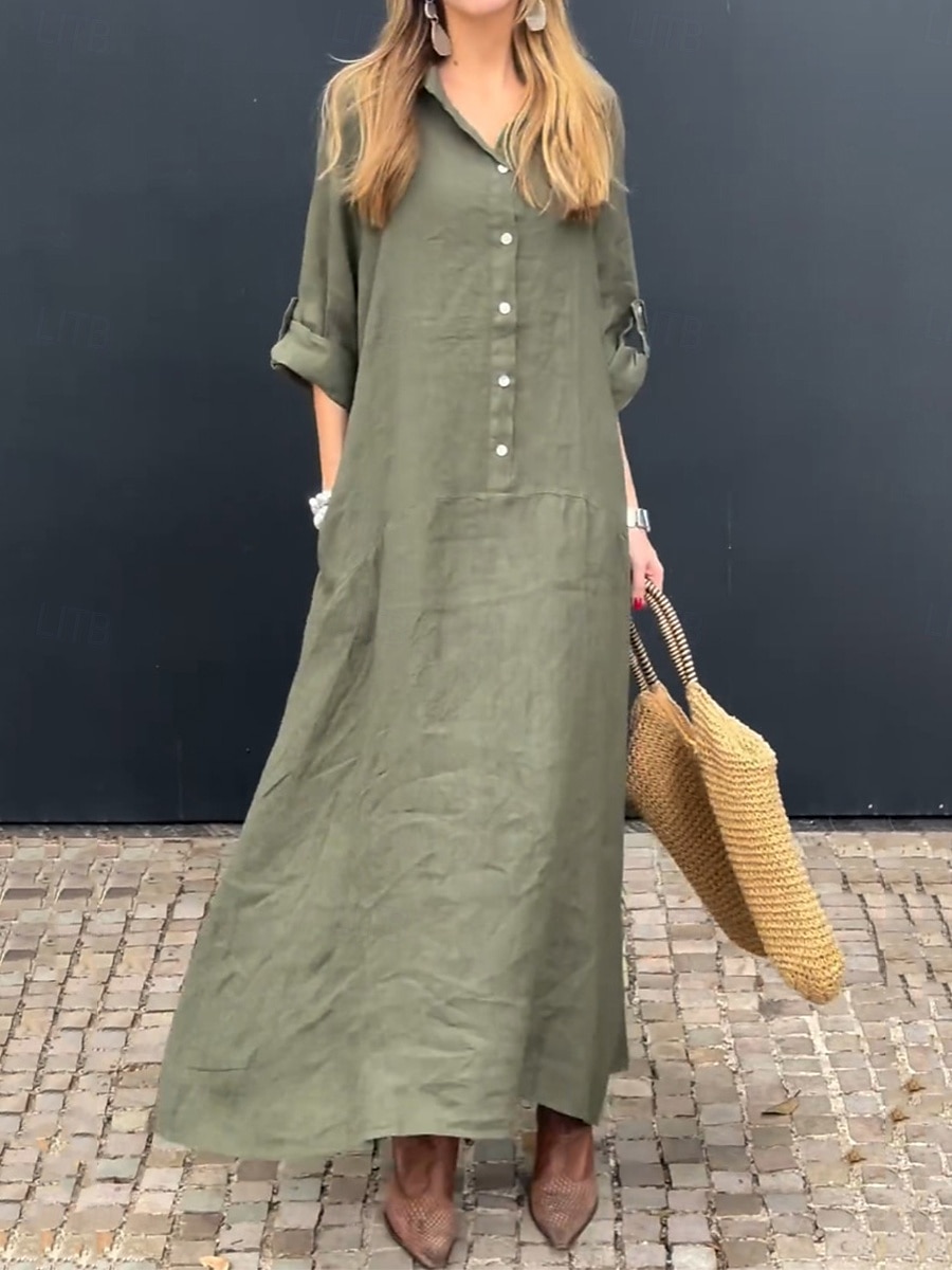 Femmes Robe maxi Robes en coton et lin Robe Décontractée Basique Occasionnel Vacances Quotidien Coupe régulière Uni manche longue Col de chemise Rose Claire Vert Gris Printemps Automne de 2025 ? $36.99 –P1