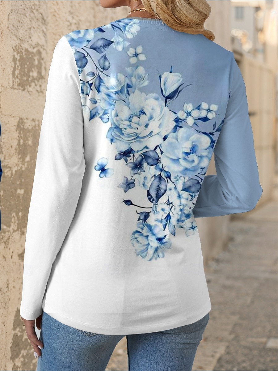 Women's T shirt Long Sleeve Crew Neck Long Sleeve Tunic Floral Graphic Casual Regular Tops Daily Print Sky Blue Spring Fall Prefall 2025 - $22.99 –P2