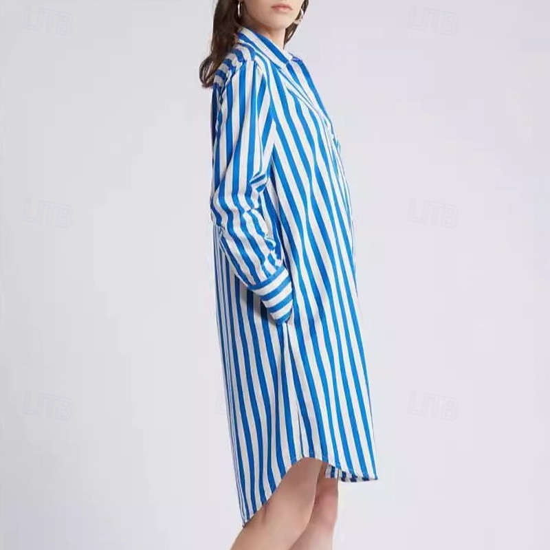 Pentru femei Rochie Mini Rochii Tip Cămașă Rochie casual Rochie de vară Stilat Casual Vacanță Zilnic Dată Fit regulat Dunga Manșon Lung Rever Albastru piscină Vară Primăvară 2025 - $25.99 –P5