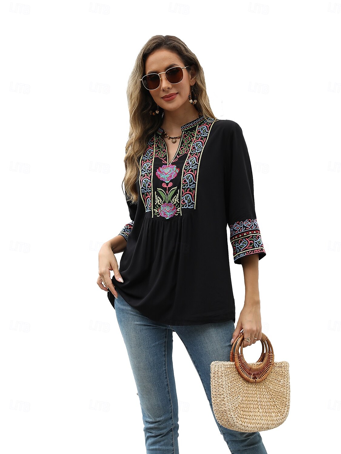 Pentru femei Cămașă Boho Boemia Zilnic Stilat Floral Simplu Topuri obișnuite Lungime Manșon 3/4 Cu Mâneci La Cot În V Brodat Potrivire Largă Muncă Zilnic Ieșire Negru Roz trandafiriu Vară 2025 - $33.99 –P9