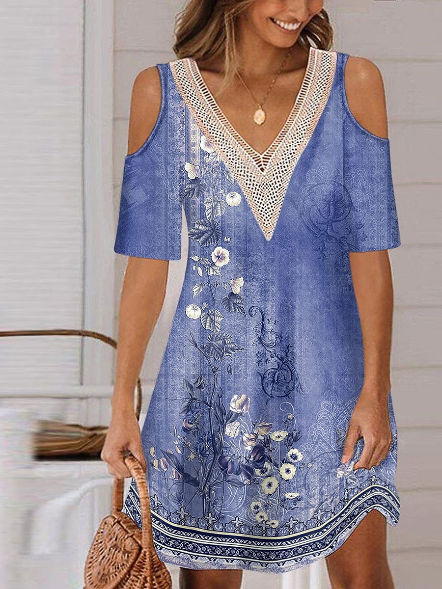 Dame Lang kjole Maxikjole Kjole med A-linje Boho-kjole Elegant Stilfull Fritid Feriereise Daglig Normal Blomstret Kortermet V-hals Rød Blå Lilla Grønn Sommer Vår 2025 - $21.99 –P5
