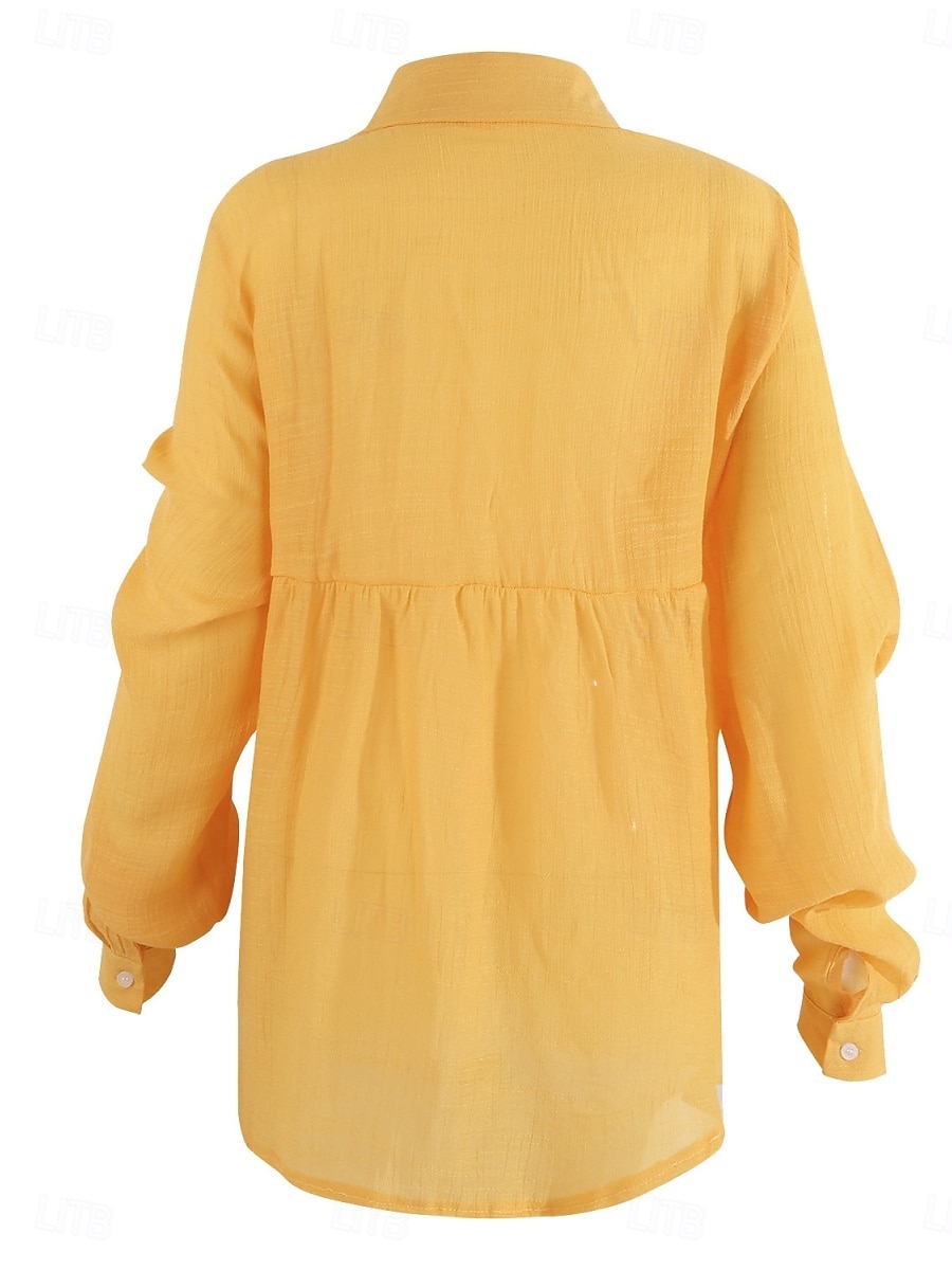 Women's Shirt Cotton Linen Shirts Button Up Blouse Solid Color Basic Casual Long Sleeve Shirt Collar Regular Tops Daily Buttons Yellow Green Summer Spring 2025 - GBP £21.99 –P6