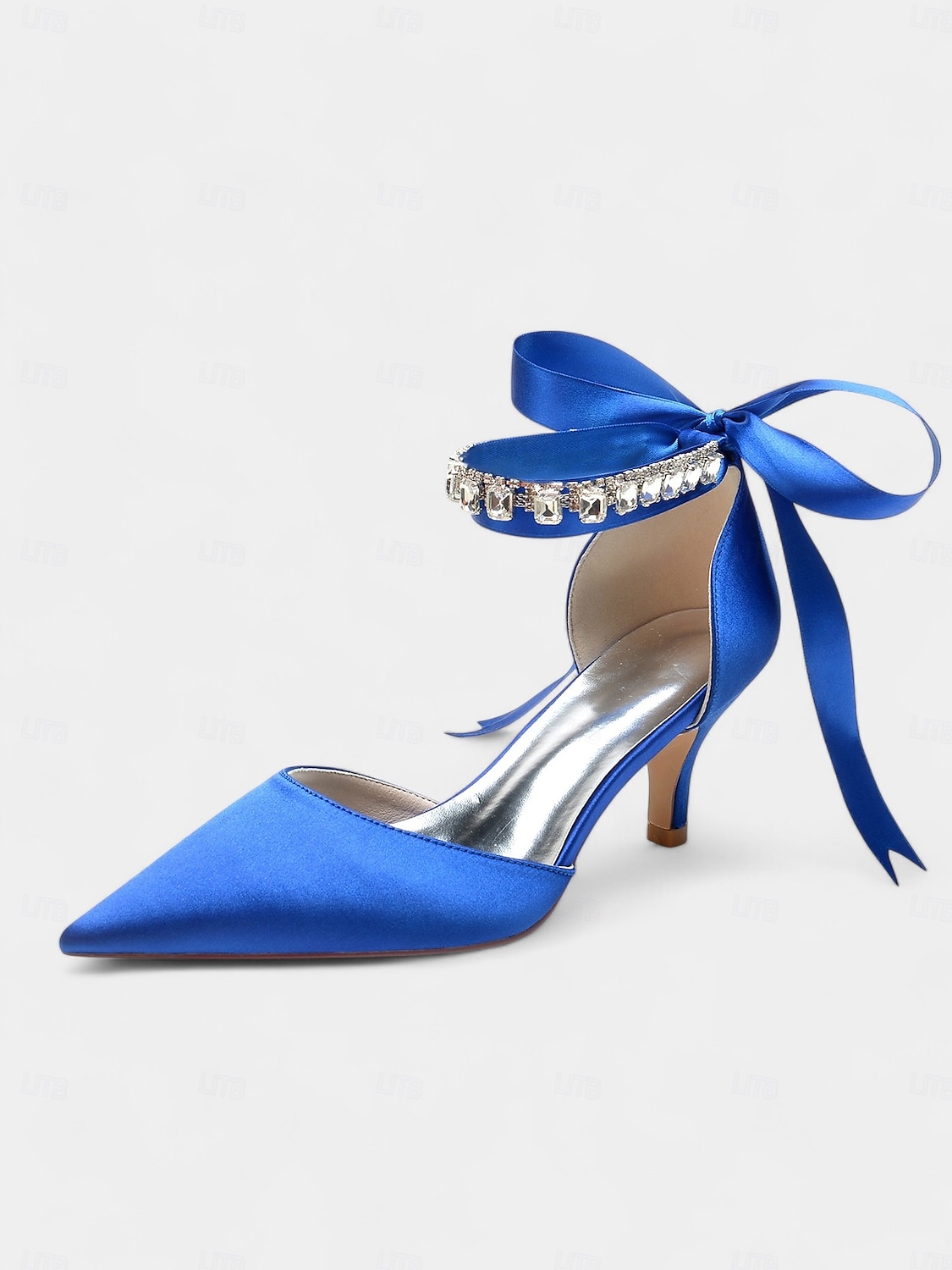 Blue Satin Pointed-Kitten Heels with Rhinestone Ankle Strap and Bow Tie - Elegant Wedding or Evening Shoes 2025 - $64.99 –P5
