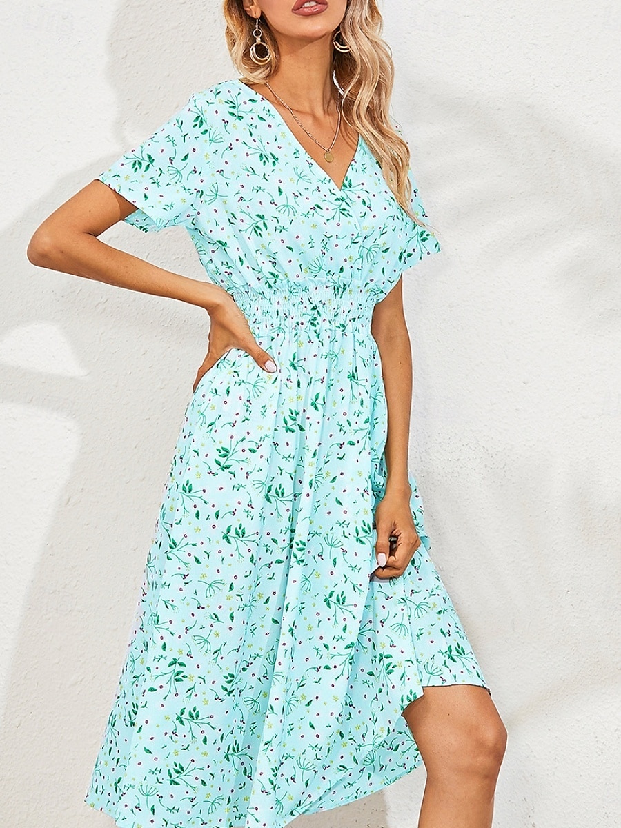 Dam Midiklänning Vardagsklänning Swingklänning A linjeklänning Stylish Ledigt Semester Dagligen Normal Blommig Kortärmad V-hals Svart Vit Gul Rodnande Rosa Sommar 2025 - $23.99 –P5