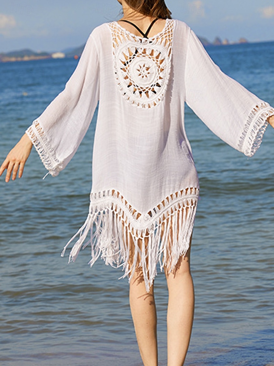 Damen Badeanzug Zudecken Schwimm-Kleid Bademode Fransensaum Ausgeschnitten Urlaub Strandbekleidung Glatt Langarm Badeanzüge 2025 - $26.99 –P5
