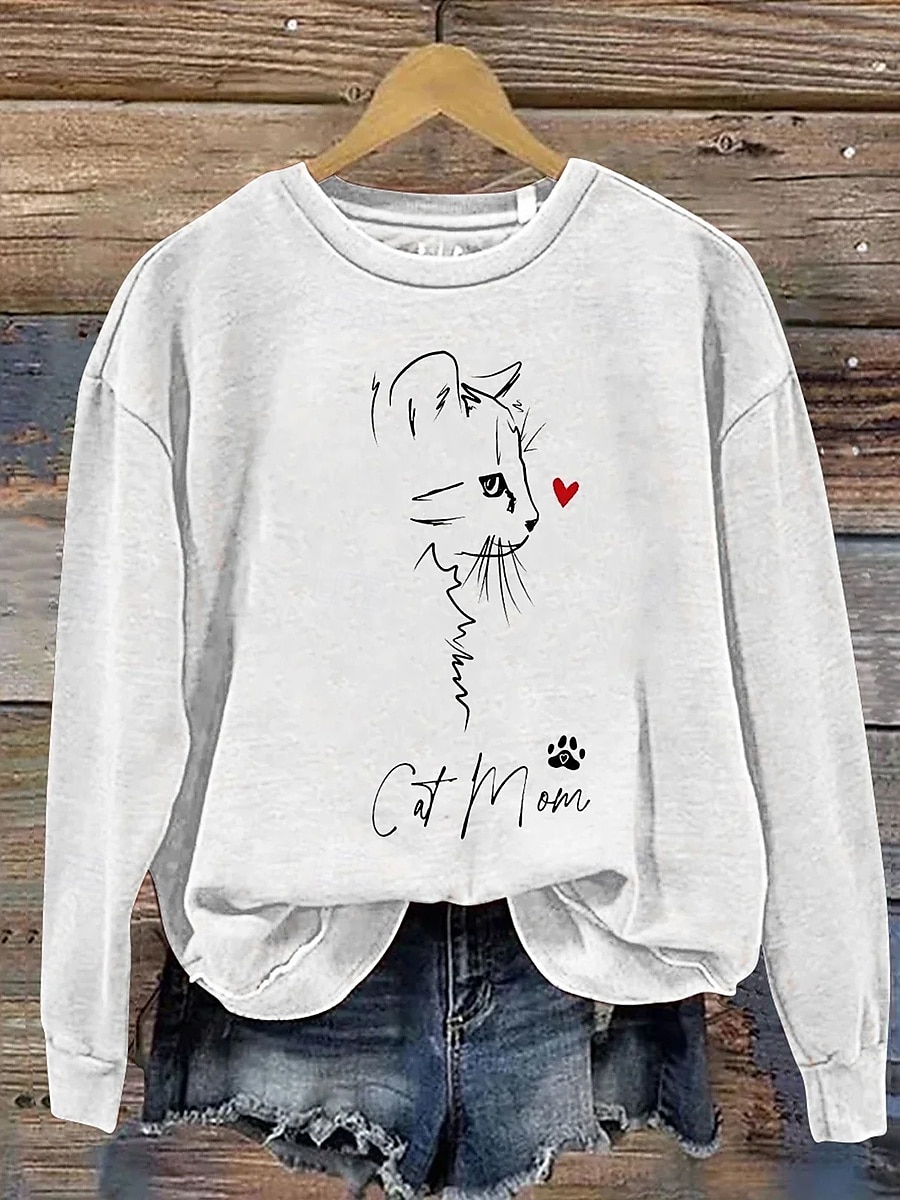 Per donna Felpe Gatto Informale Manica lunga Rotonda Top regolari Ufficio Da giorno Informale Stampa Bianco Autunno Inverno del 2025 a $24.99 –P1