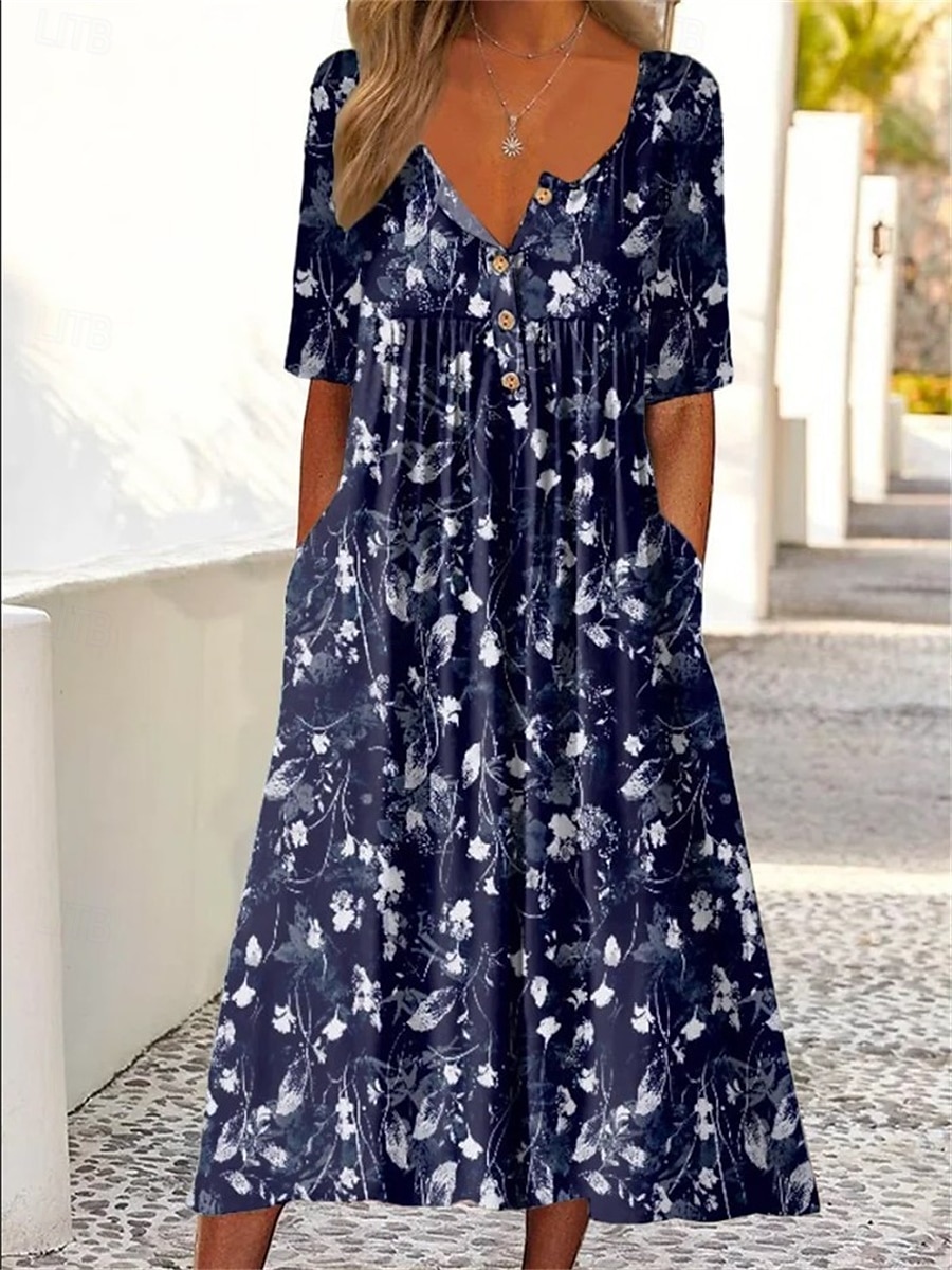 Naisten Midimekko Rento mekko A linjainen mekko Boho-mekko Tyylikäs Vapaa-aika Loma Päivittäin Deitti Loose Fit Kukka Lyhythihainen Tiukka pyöreä kaula-aukko Laivaston sininen Harmaa Kesä Kevät 2025 - $27.99 –P3