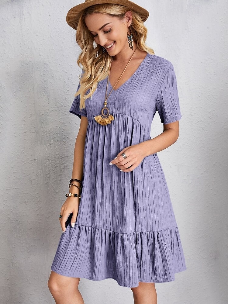 abito da lavoro da donna abito casual abito a trapezio elegante da ufficio quotidiano abito lungo abito lungo patchwork scollo a V manica corta tinta unita vestibilità regolare nero rosa rosso estate del 2025 a $21.99 –P13