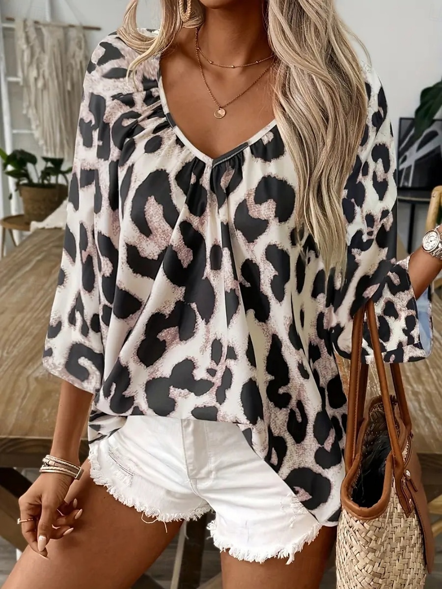 Dame Skjorte Bluse Leopard Stilfull Fritid 3/4 ermer V-hals Vanlige topper Daglig Trykt mønster Leopard Sommer Vår 2025 - $29.99 –P3