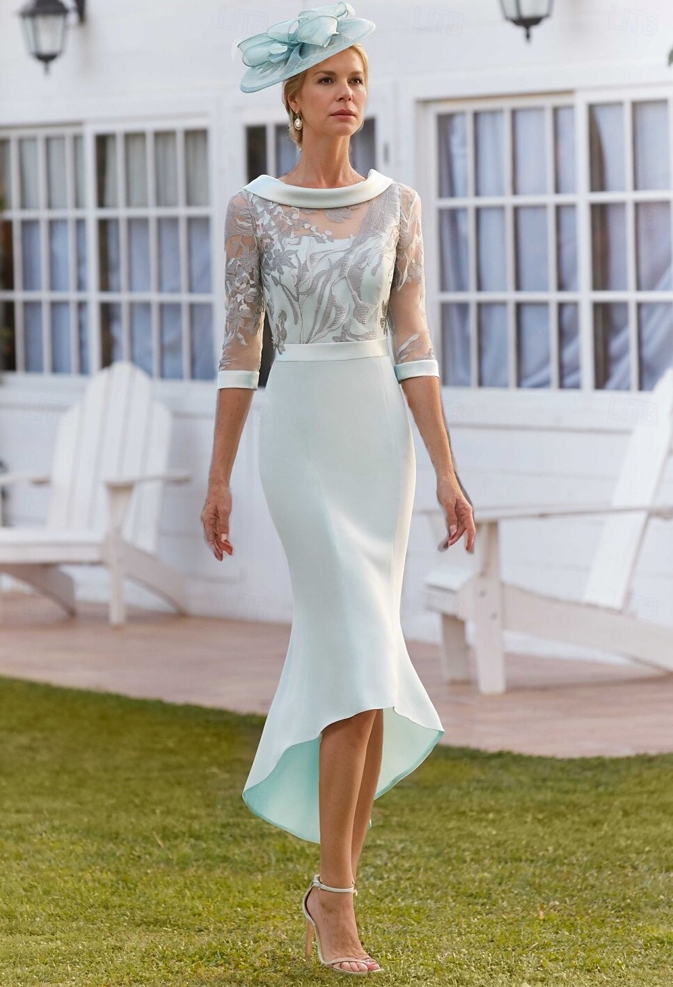 Abito a Sirena  Tromba per la Madre della Sposa Abito Elegante Vintage Collo Gioiello Asimmetrico Lunghezza Tè Tessuto Estensibile Maniche Corte con Pizzo Abito Derby per la Giornata delle Corse 2025 del 2025 a $189.99 –P1