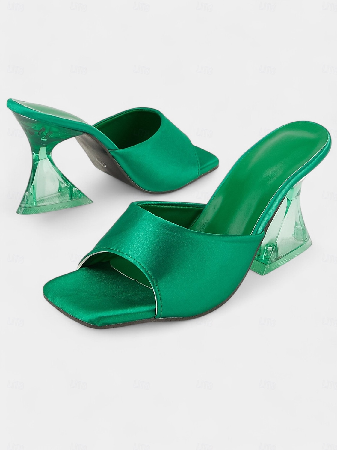 grüne Satin Open-Toe Pantoletten mit transparentem Blockabsatz für Damen – schicke Sommer-Partyschuhe 2025 - $26.99 –P2