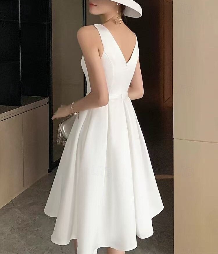 Robe da laurea bianche boho abiti da sposa abito a-line scollo a V senza maniche lunghezza al ginocchio in jersey completi da sposa abiti da sposa con cintura  nastri del 2025 a $141.99 –P2