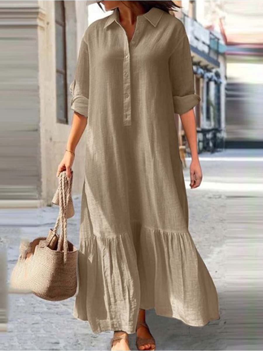 Damen Langes Kleid Maxikleid Leinen-inspirierte Kleider Hawaiianisch Normale Passform Einfarbig Langarm Hemdkragen Fügen Sie Königsblau hinzu Kaki Sommer Frühling 2025 - $26.99 –P2