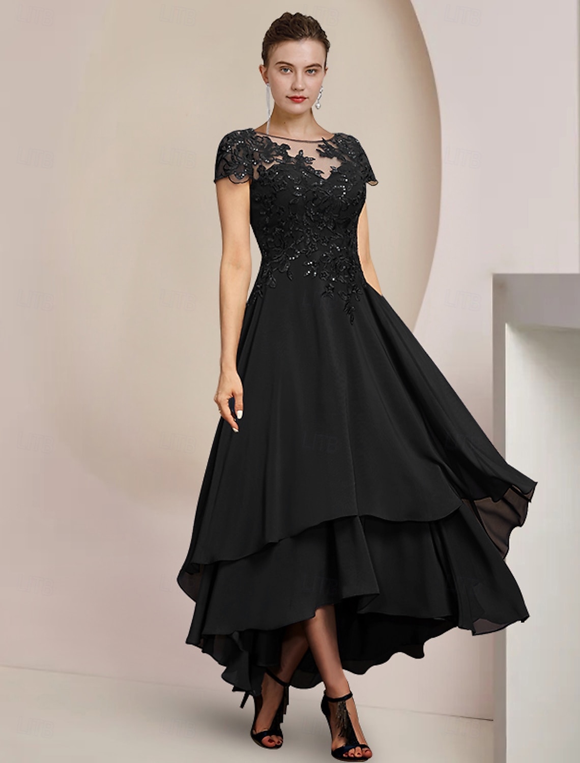 A-Line Mother of the Bride Dress Formal Wedding Guest Elegant High Low Scoop Neck Asymmetrical Tea Length Chiffon Lace Short Sleeve with Sequin Appliques free custom size 2025 - $167.99 –P10