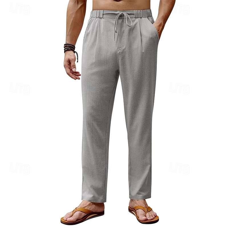 Men's Linen Pants Trousers Summer Pants Beach Pants Drawstring Elastic Waist Straight Leg Plain Comfort Breathable Full Length Daily Holiday Wedding Party Fashion Classic Style Black White 2025 - $20.99 –P7