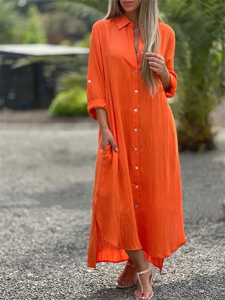 Women's Maxi Dress Linen-Inspired Dresses Elegant Vintage Stylish Vacation Daily Date Loose Fit Plain Long Sleeve Shirt Collar White Orange Spring Fall 2025 - $32.99 –P1