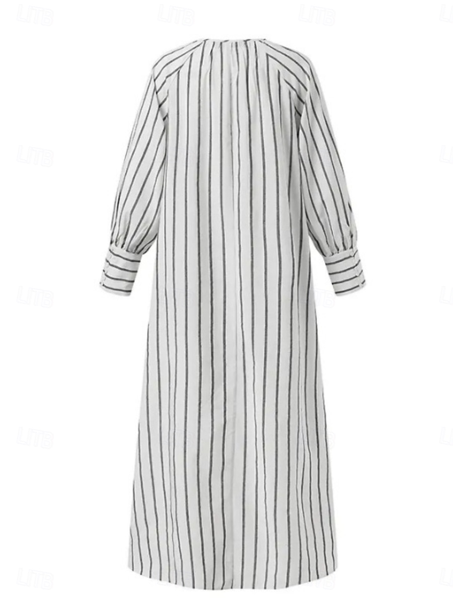 Damen Maxikleid Baumwoll-Leinen-Kleider Freizeitkleid Basic Lässig Urlaub Täglich Normale Passform Gestreift Langarm V Ausschnitt Weiß Blau Sommer Frühling 2025 - $28.99 –P5