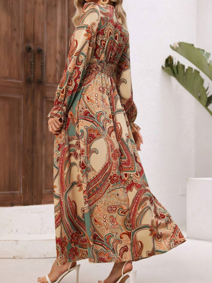 Damskie Sukienka maxi Sukienki w stylu boho Sukienka Boho Elegancki Codzienny Urlop Codzienny Regularny Kwiaty Długi rękaw W serek Czarny Zielony Khaki Wiosna Jesień 2025 - $32.99 –P2