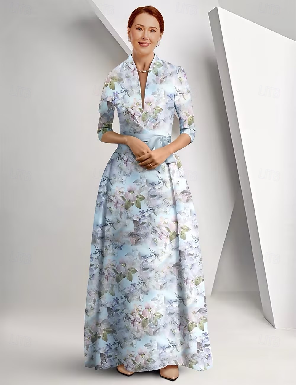 Mor til bruden A-Line Kjole Elegant Queen Anne Utringning Gulv-lengde Sateng 3/4 lengde ermer med Sløyfe(r) Race Day kjole Bryllupsgjest Kjole 2025 - $162.99 –P1