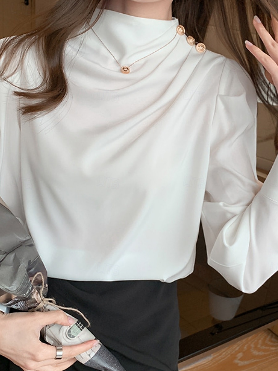 Női Ing elegáns Elegáns Szatén Tömör szín Üzlet Modern Alkalmi Hosszú ujj Körgallér Normál felsők Munka Ünnepi viselet Gombok Fehér Medence Nyár Tavasz 2025 - $22.99 –P5