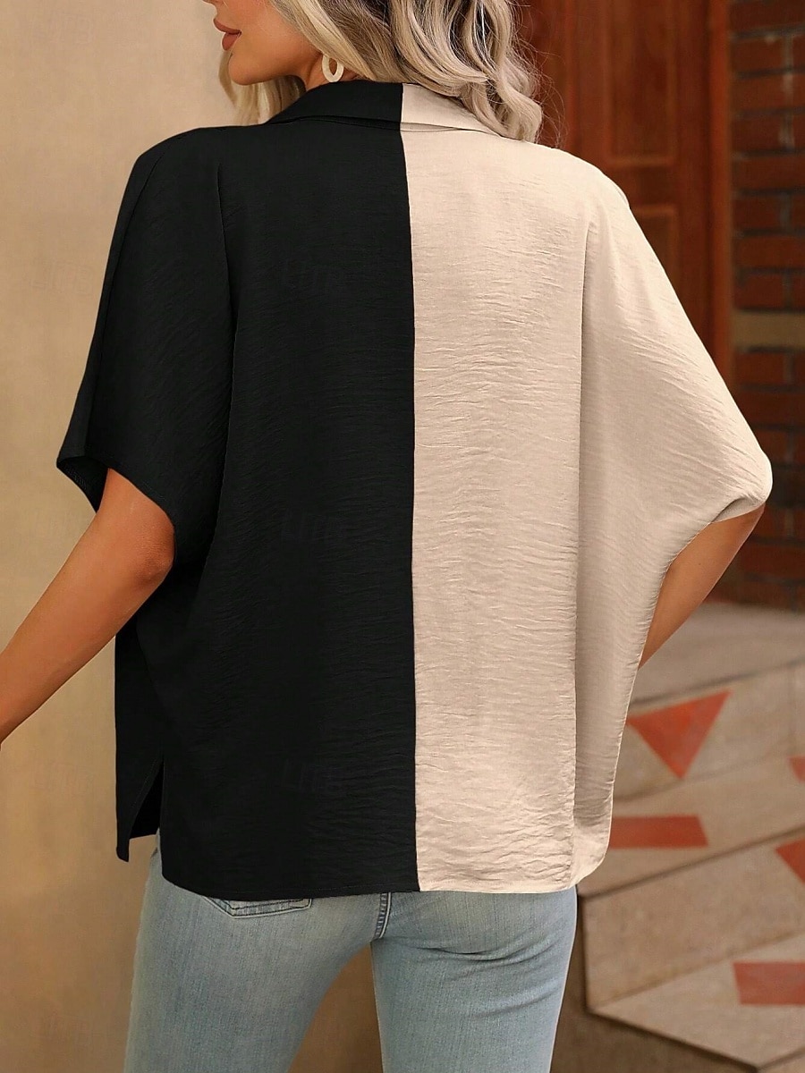 Dames Overhemd Blouse Effen Kleur Stijlvol Casual Korte mouw Overhemdkraag Normale tops Dagelijks Knop Zwart Wit Zomer Lente 2025 - AU $44.49 –P2