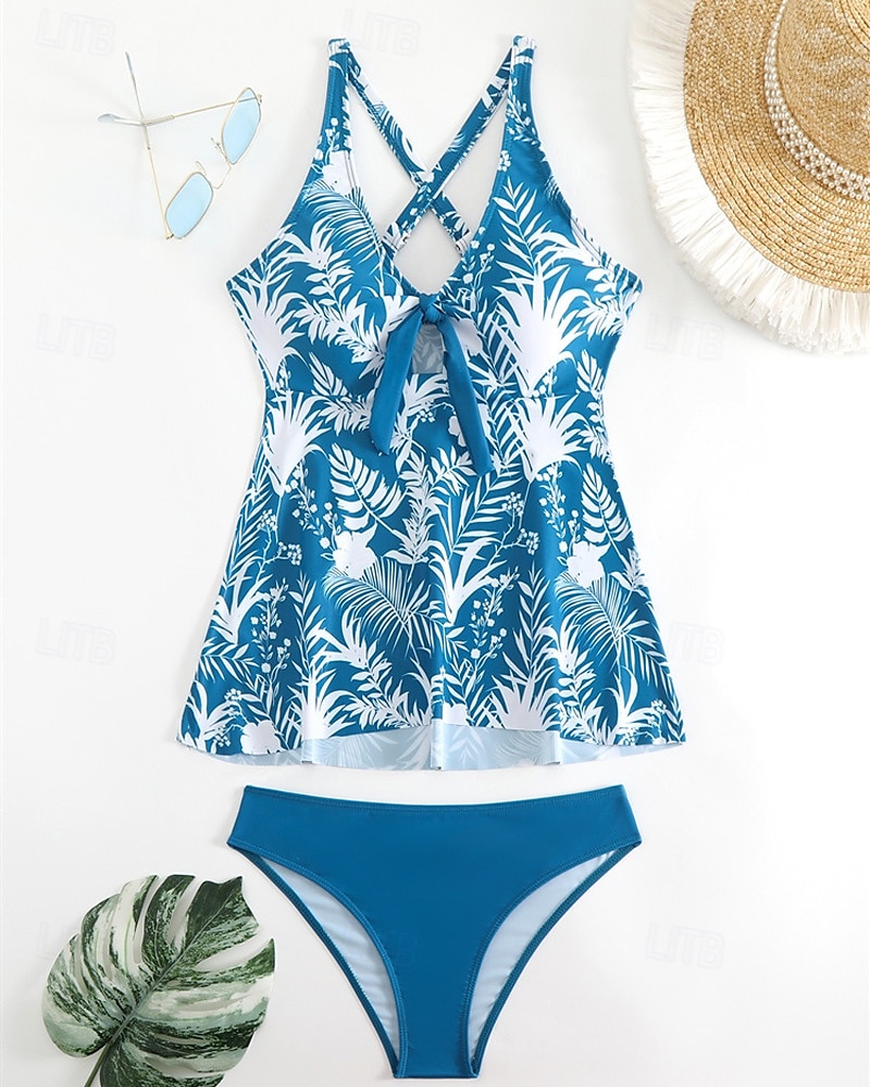 Dam Tankini Tvådelad baddräkt Djup V-hals Badkläder Badkläder Blå Andningsfunktion Snabb tork Lättvikt Ärmlös - Simmning Surfing Strand Sommar Vår Plusstorlekar 2025 - $25.99 –P2