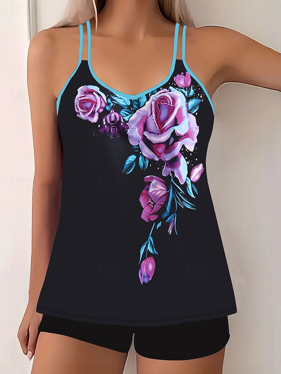Dam Badkläder Bikini 2 st Pojkeben Baddräkt Öppen rygg Smal Semester Standkläder Blommig U-hals Ärmlös Baddräkter 2025 - $29.99 –P1
