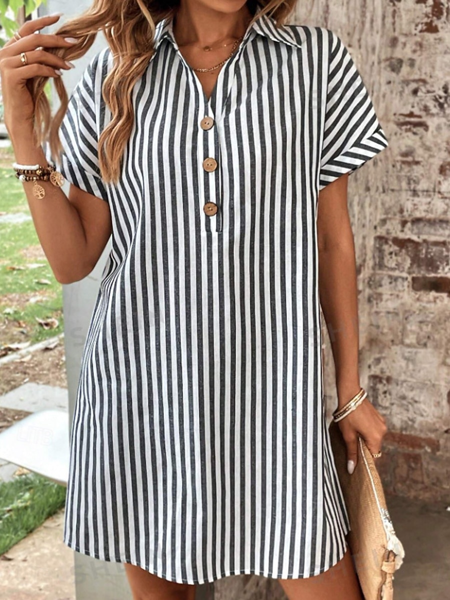Women's Midi Dress Shirt Dress Stylish Casual Vacation Daily Regular Fit Stripe Short Sleeve Shirt Collar Black Blue Summer 2026 - $26.99 –P5