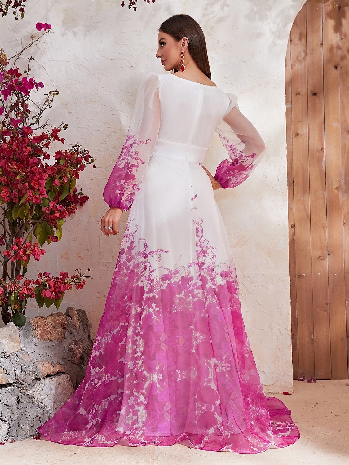 Vestido A-Line Mãe da Noiva Vestido Elegante Decote V Profundo Com Detalhes Franzidos Comprimento do Chão Organza Estampa Floral Manga Puff Longa Vestido Derby Vestido de Dia da Corrida Vestido de 2025 por $180.99 –P3
