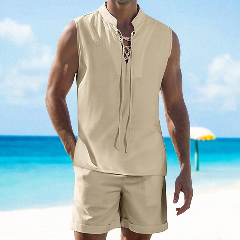 Per uomo 2 pezzi Completo di camicia Set estivo Set abbinati Abbigliamento mare Liscio Da mare Giornaliero Nero Bianco Blu marino Cachi Senza maniche Colletto Estate Abbigliamento del 2025 a $34.99 –P6