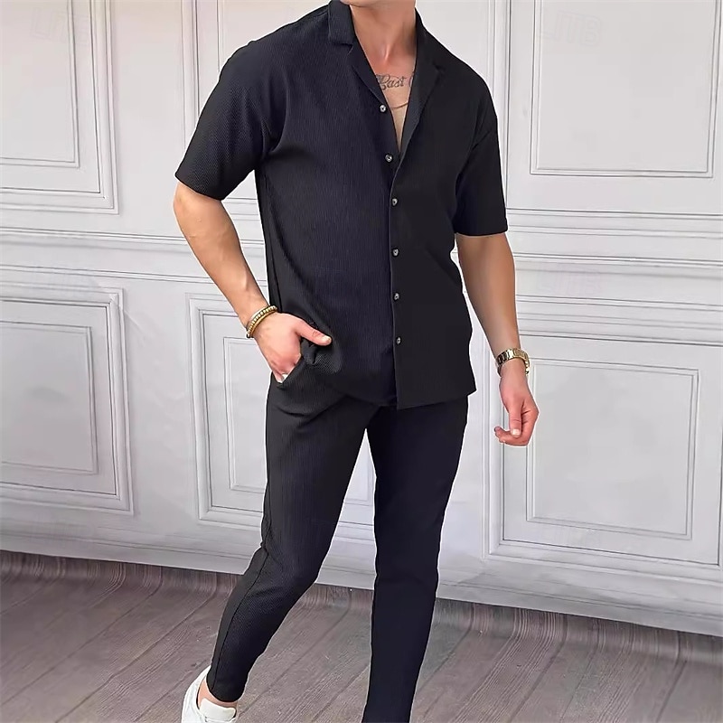 Men's 2 Piece Shirt Set Matching Sets Casual Shirt Corduroy Shirt Button Up Shirt Plain Street Daily Black Short Sleeve Collar Spring & Summer Clothing Apparel 2025 - $40.99 –P1