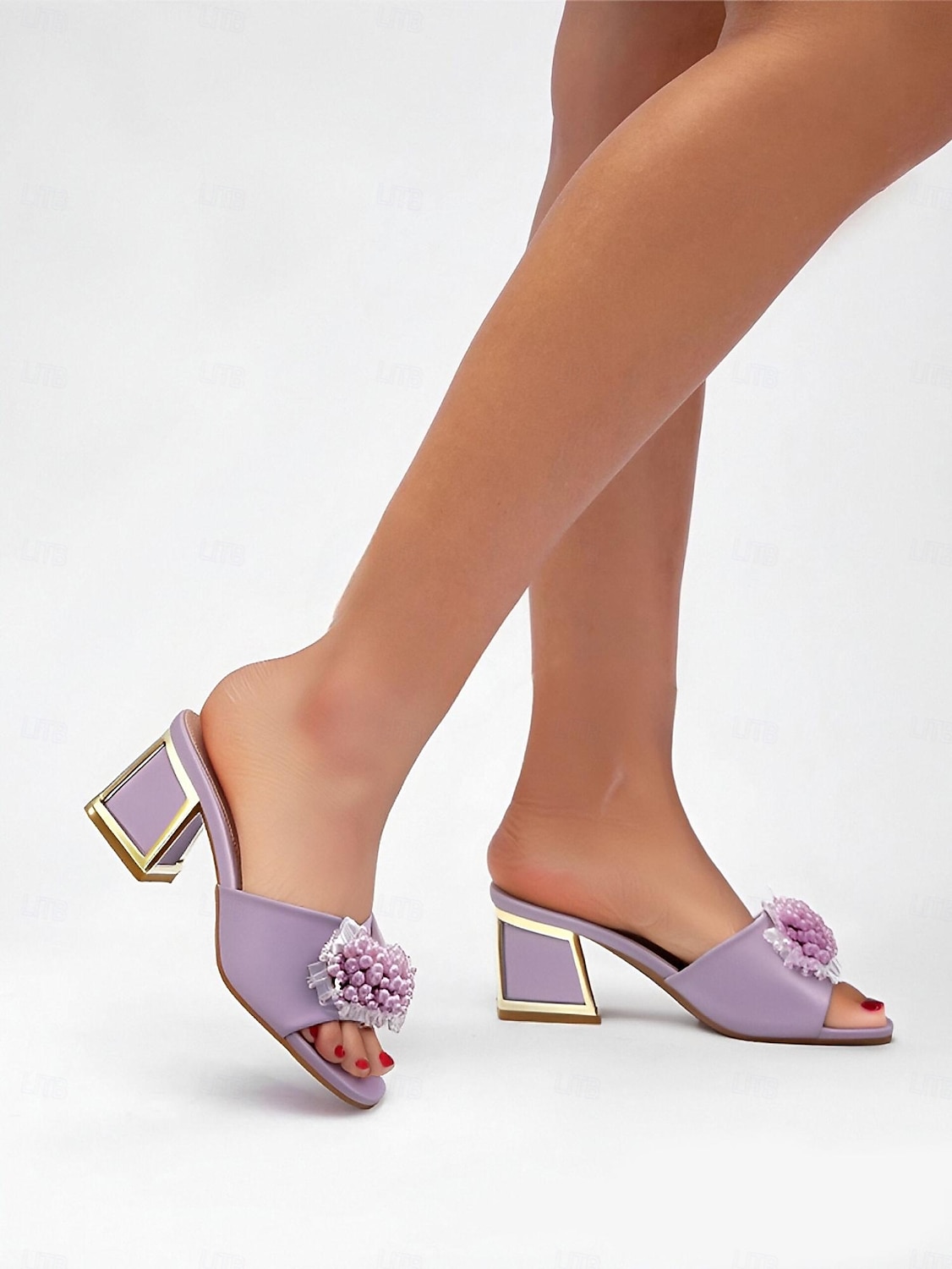 Women's Purple Slide Sandals with Pearl and Bead Embellishments – Fashionable Chunky Heel Mules for Casual Outings and Evening Events 2025 - $34.99 –P1