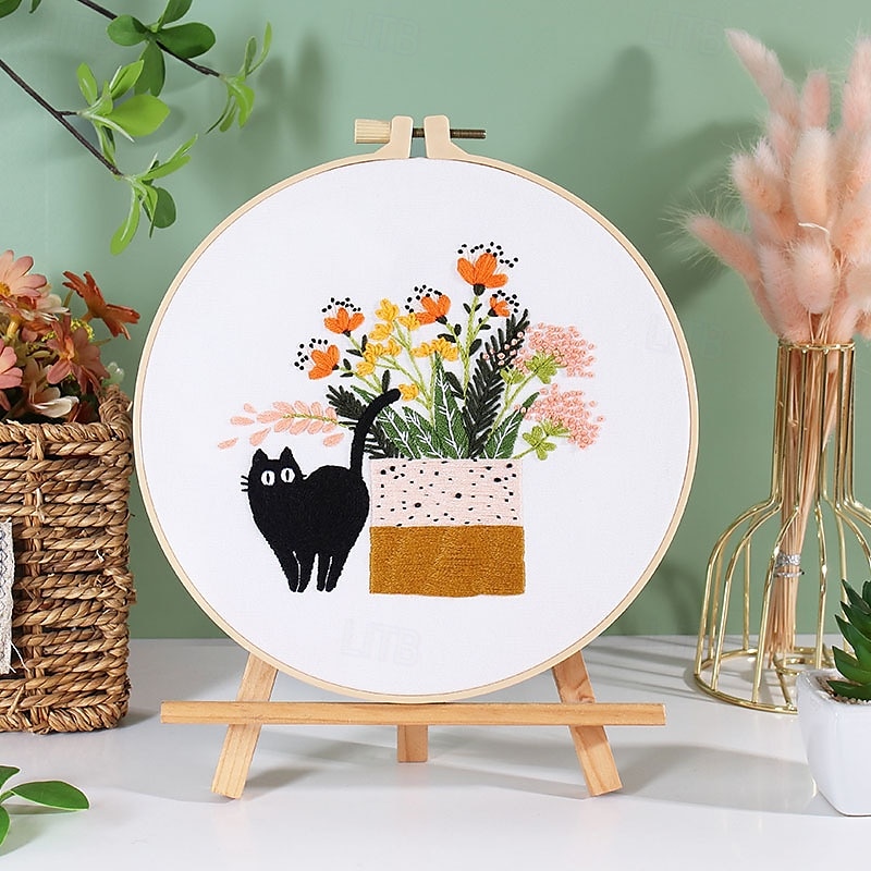 simpatico kit di ricamo a forma di gatto per principianti adulti, kit di punto croce timbrato per principianti include telai per ricamo a punto croce, aghi, fili e istruzioni del 2025 a $7.99 –P6