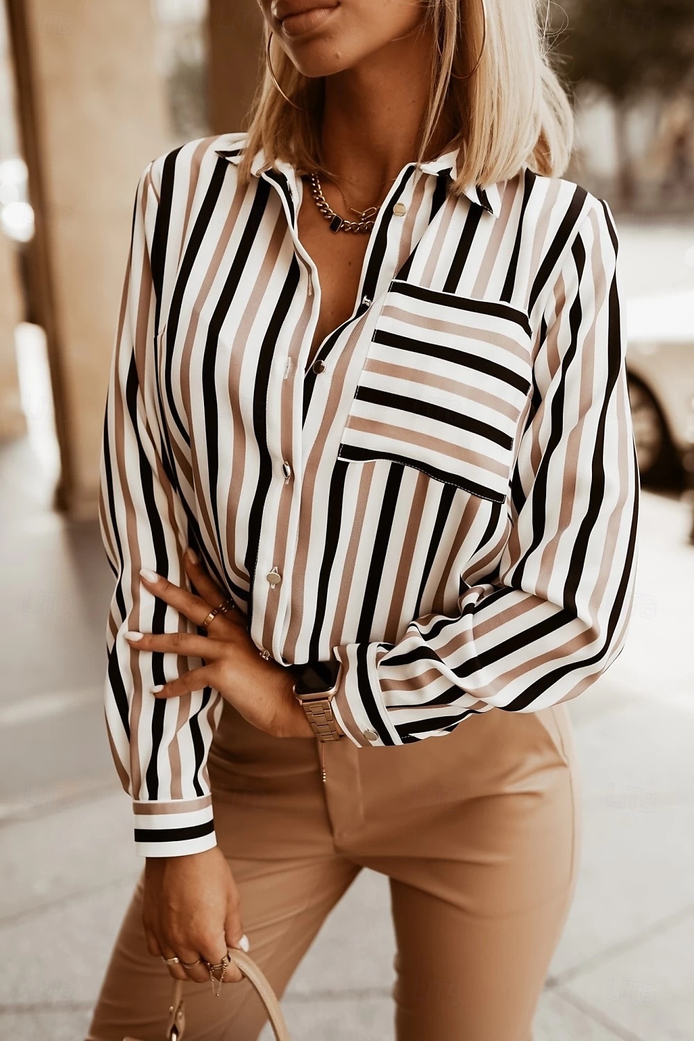 Blouse Women's Wine Khaki Stripes Buttons Printing Daily Elegant V Neck Regular Fit S 2025 - $18.49 –P1