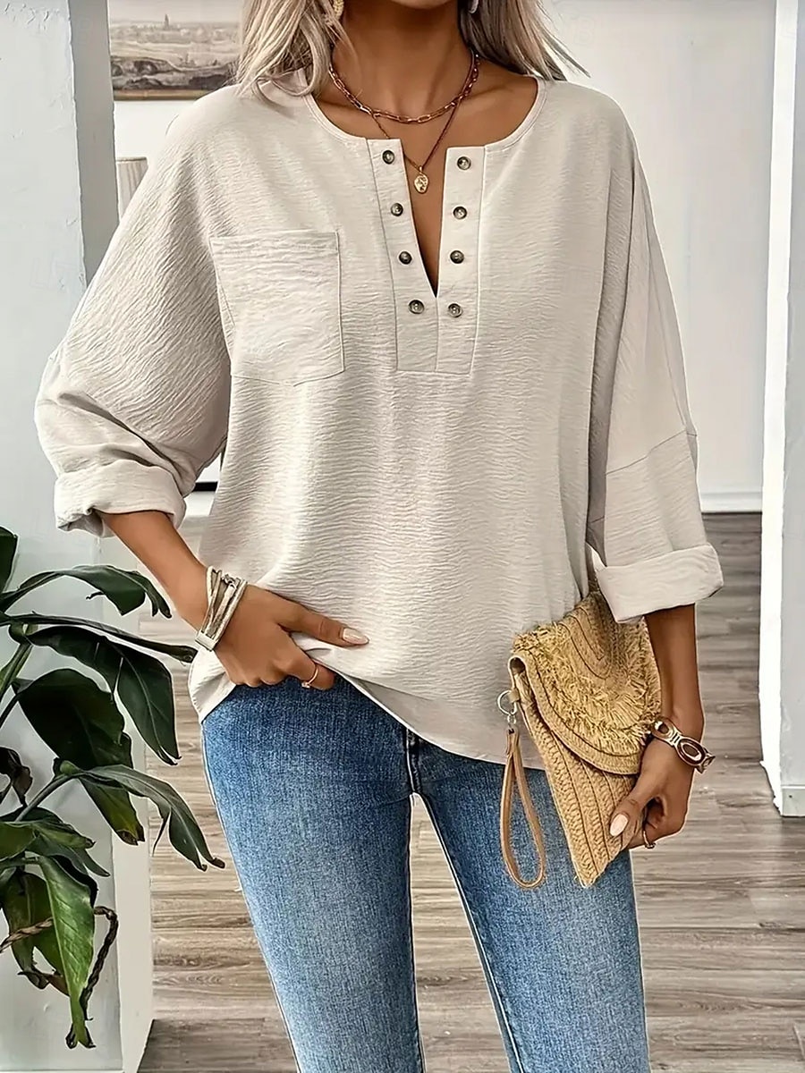 Dames Overhemd Blouse Katoenen linnen overhemden Effen Kleur Elegant Stijlvol Casual Lange mouw V-hals Normale tops Dagelijks Feestdagen Uitgaan Knop Beige Zomer Lente Herfst 2025 - $23.99 –P6