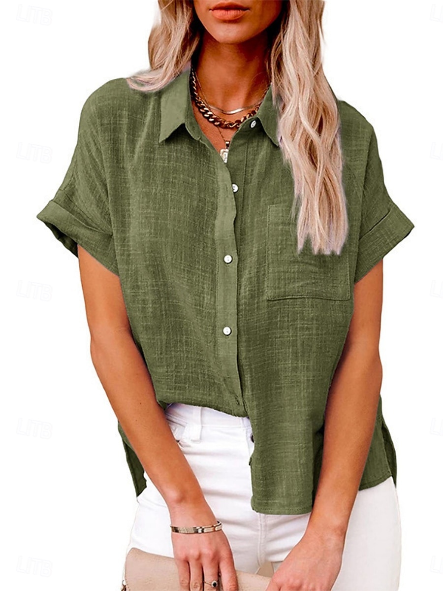 Women's Shirt Cotton Linen Shirts Button Up Blouse Solid Color Basic Casual Short Sleeve Shirt Collar Regular Tops Daily Buttons Pocket Wine Army Green Summer 2025 - $21.99 –P1