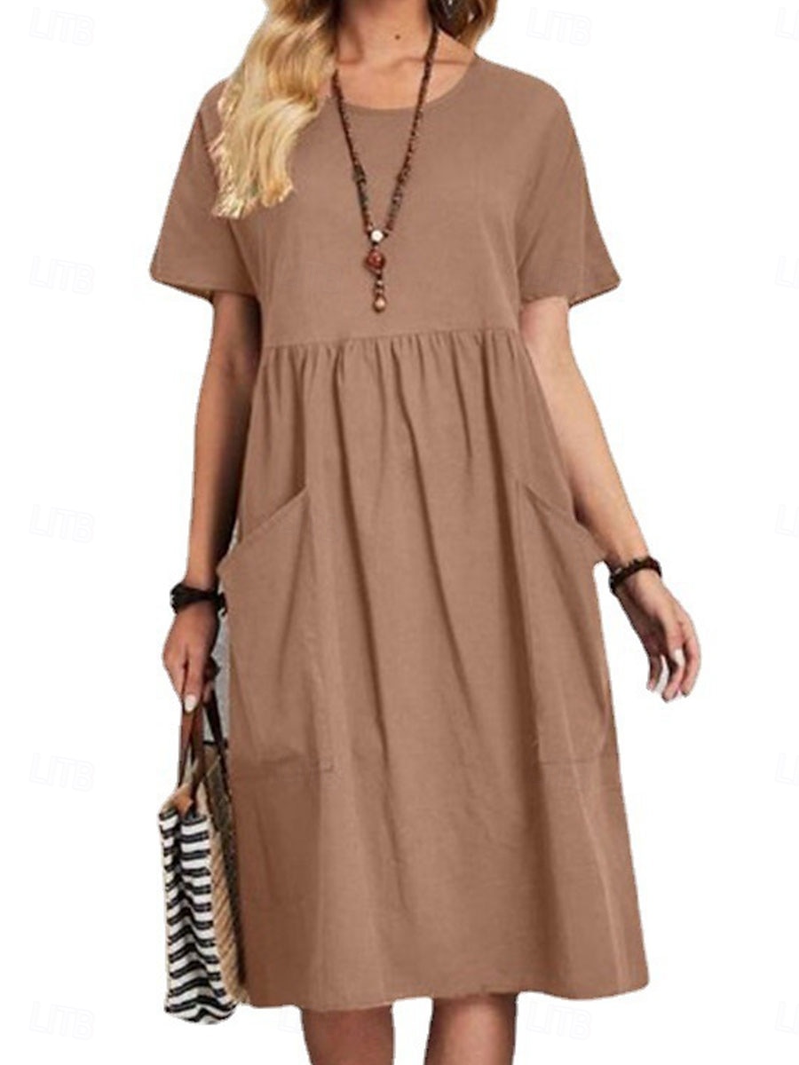 Per donna Abito Midi Abito Lungo Maxi Abito Abiti in cotone e lino Elegante Essenziale Casual Vacanza Feste Lavoro Vestibilità regolare Semplice Manica Corta Girocollo Rosa Marrone chiaro Cachi Blu del 2025 a $6.99 –P8