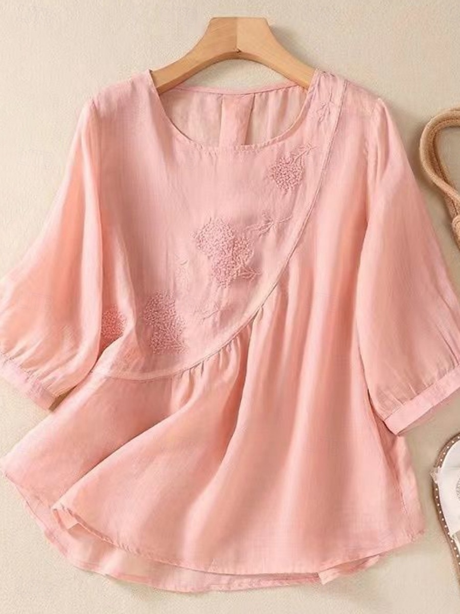 Dame Skjorte Bluse Skjorter i bomullslin Helfarge Grunnleggende Fritid 3/4 ermer Crew-hals Vanlige topper Daglig Broderi Hvit Rosa Blå Kakifarget Sommer Vår 2025 - $21.99 –P10