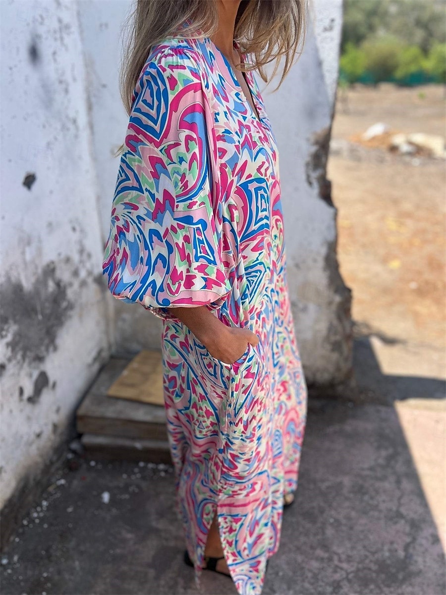 Női Maxiruha hétköznapi ruha Boho elegáns ruhák Boho ruha Csehország aranyos stílus Stílusos Lámpás hüvely Vakáció Napi Randi Laza öltözet Grafika Féhosszú V-alakú Arcpír rózsaszín Lóhere Nyár Tavasz 2025 - $28.99 –P2
