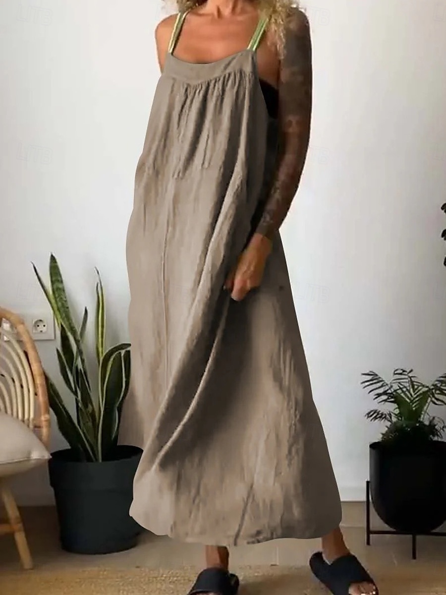 Damen Maxikleid Baumwoll-Leinen-Kleider Freizeitkleid Basic Lässig Urlaub Täglich Normale Passform Einfach Ärmellos U-Ausschnitt Schwarz Weiß Blau Khaki Sommer 2025 - $26.99 –P1