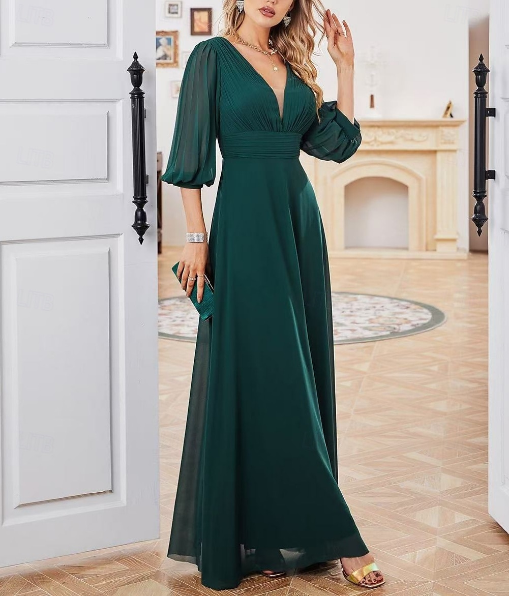 A-Line Bridesmaid Dress V Neck 3/4 Length Sleeve Elegant Floor Length Chiffon / Spandex with Draping / Ruching / Solid Color 2025 - $162.99 –P2