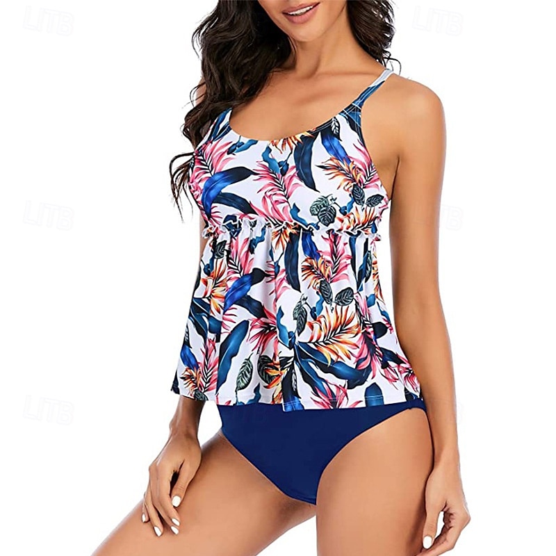 Femme Tankini Maillot De Bain Deux Pièces Dos Nu Maillots de Bain Floral Maillots de Bain Bleu Ciel Noir Respirable Séchage rapide Poids Léger Sans Manches - Natation Surf Plage Eté Printemps de 2025 ? $15.99 –P5