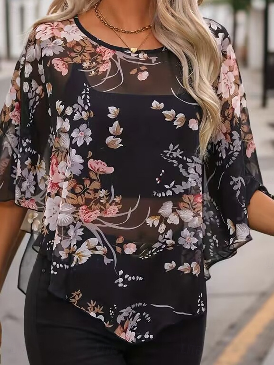 Dame Skjorte Bluse Blomstret Stilfull Fritid 3/4 ermer Crew-hals Vanlige topper Daglig Netting Trykt mønster Svart Sommer 2025 - $21.99 –P2