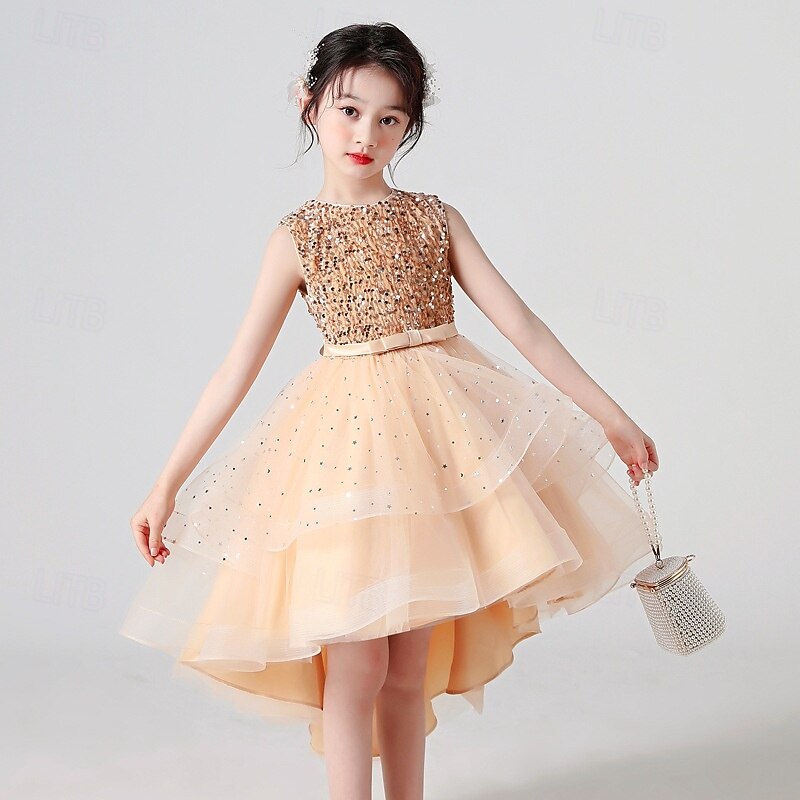 Kids Girls' Party Dress Solid Color Sleeveless Performance Birthday Sequins  Tie Knot Beautiful Sweet Polyester Asymmetrical