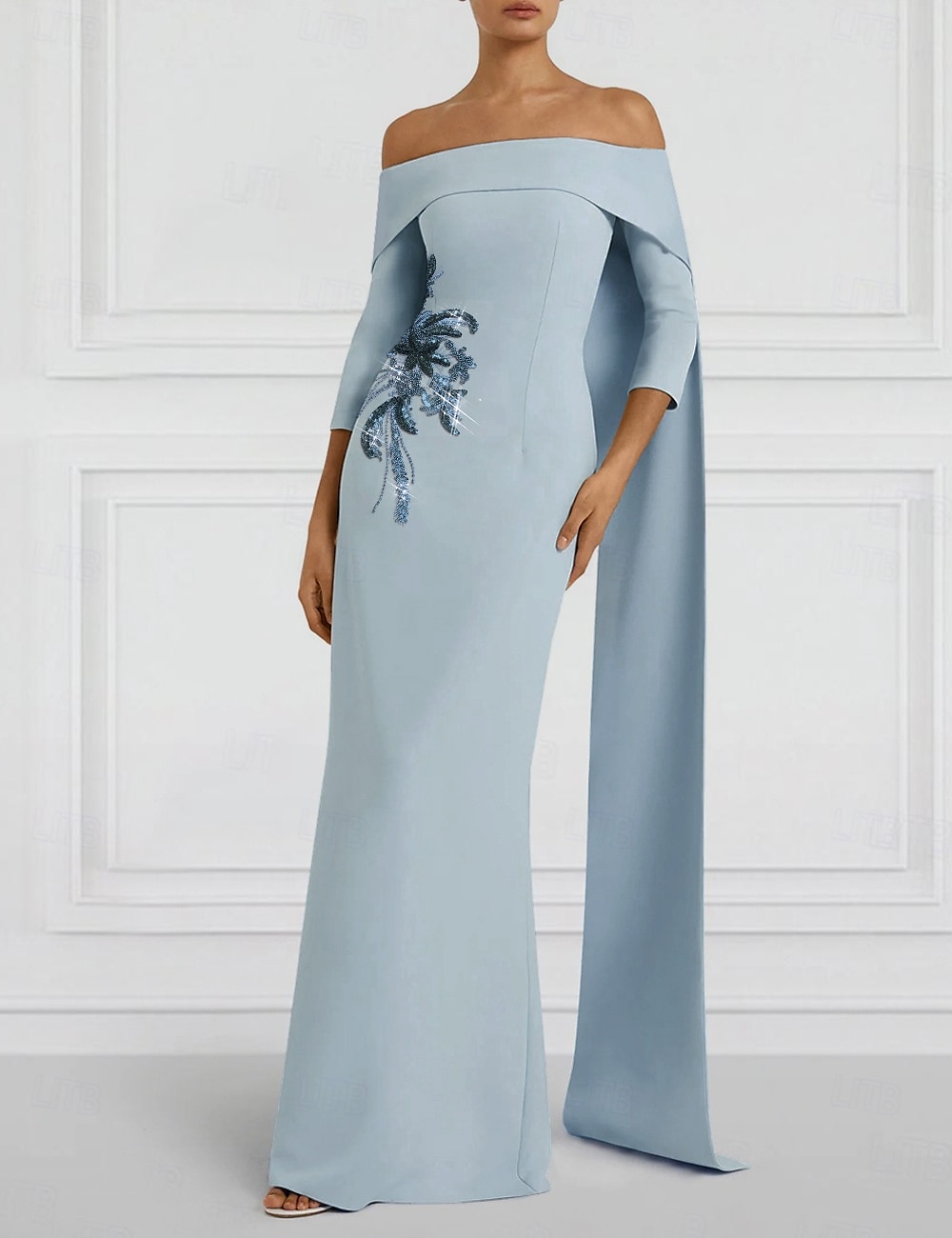 Tubinho Vestidos de noite Elegante Vestido Formal Casamento Longo Manga 3/4 Ombro a Ombro Crepe Esticado com Laço(s) Bordado 2025 de 2025 por $134.99 -P2