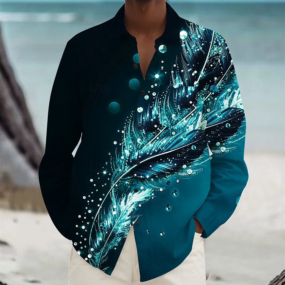 Herren Feder Hawaiihemd Sommerhemd Knopfhemd Aloha-Shirt Langarm Hawaiianisch Urlaub Frühling Herbst Umlegekragen Knopf hoch Violett Blau Grün Pfauenblau 2025 - $26.99 –P6