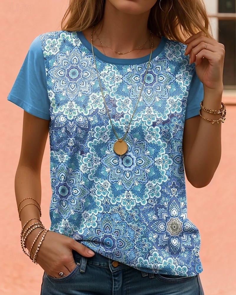 Women's T Shirt Vintage Casual Short Sleeve Round Neck Regular Tops Daily Print Pink Blue Summer 2025 - $19.99 –P1